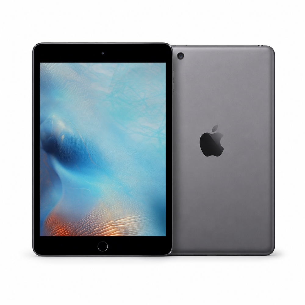 Apple iPad mini 3 Gris sidéral - vue avant et arrière fond blanc