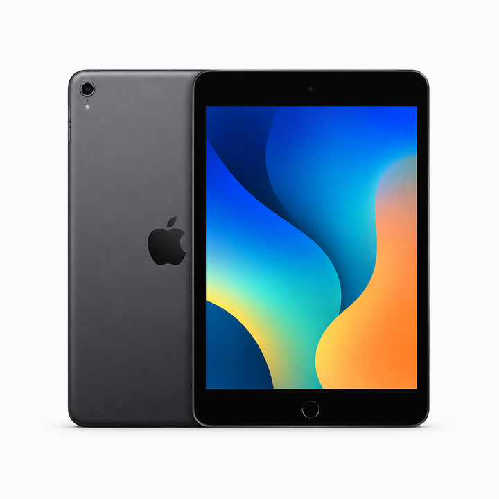 Apple iPad mini 5 Gris sidéral - vue avant et arrière sur fond blanc